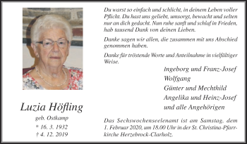 Traueranzeige von Luzia Höfling von Die Glocke