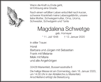 Traueranzeige von Magdalena Schwetge von Die Glocke