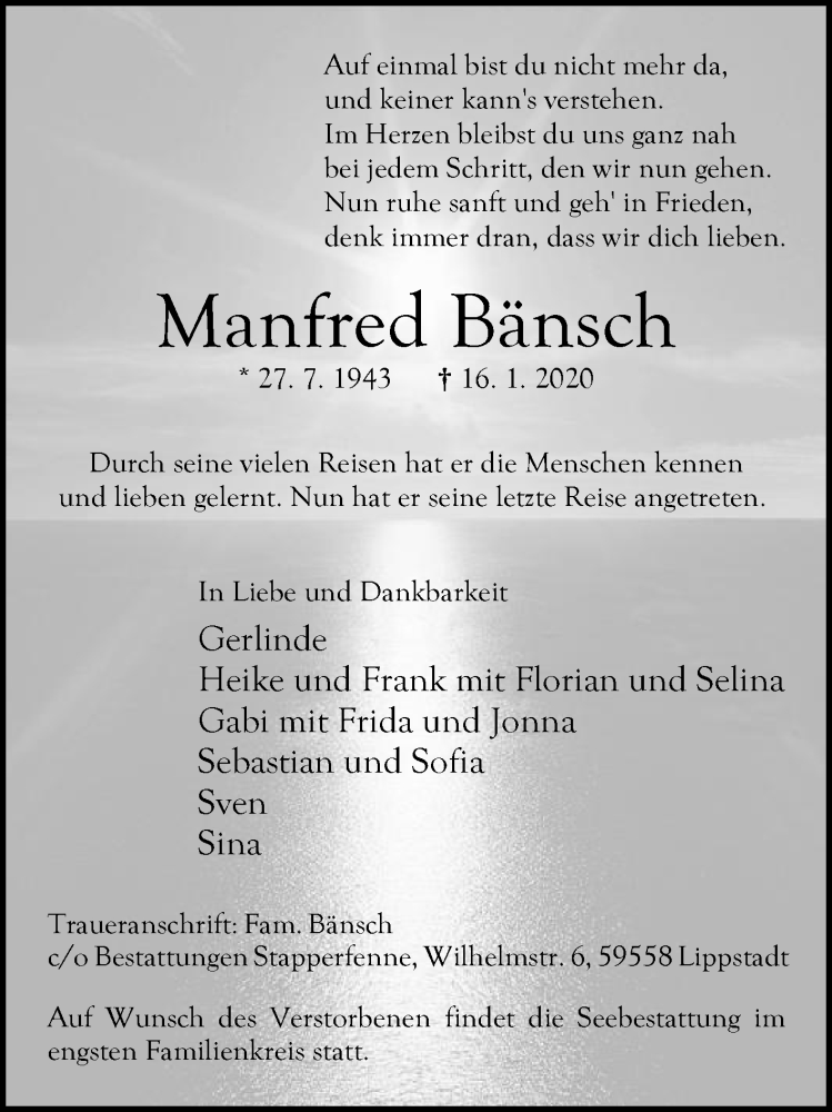  Traueranzeige für Manfred Bänsch vom 20.01.2020 aus Die Glocke