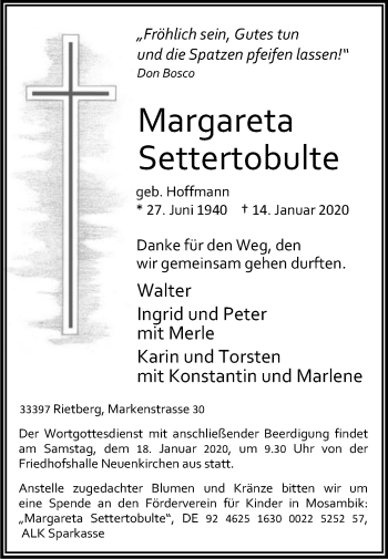 Traueranzeige von Margareta Settertobulte von Die Glocke