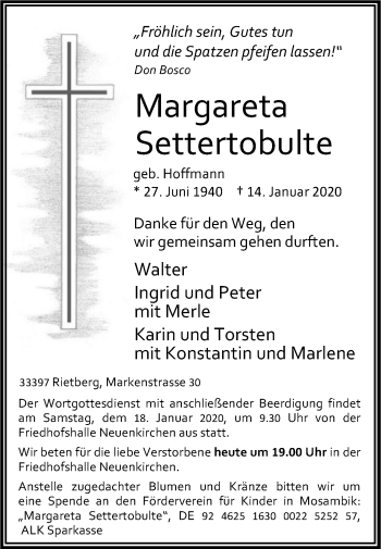 Traueranzeige von Margareta Settertobulte von Die Glocke