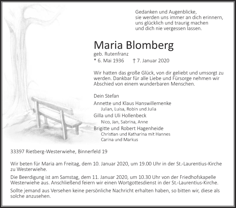  Traueranzeige für Maria Blomberg vom 09.01.2020 aus Die Glocke