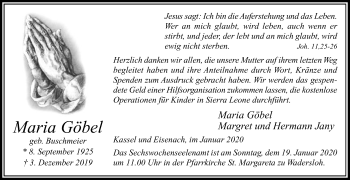 Traueranzeige von Maria Göbel von Die Glocke