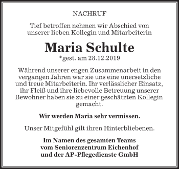 Traueranzeige von Maria Schulte von Die Glocke