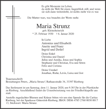 Traueranzeige von Maria Strunz von Die Glocke