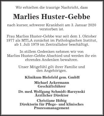 Traueranzeige von Marlies Huster-Gebbe von Die Glocke