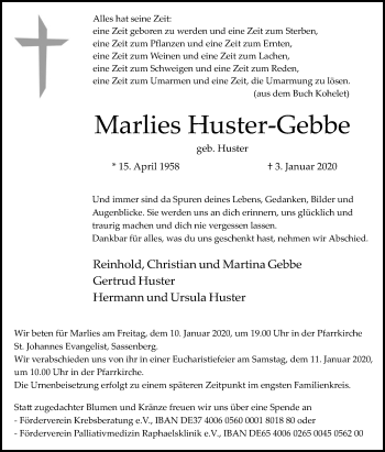 Traueranzeige von Marlies HusterGebbe von Die Glocke