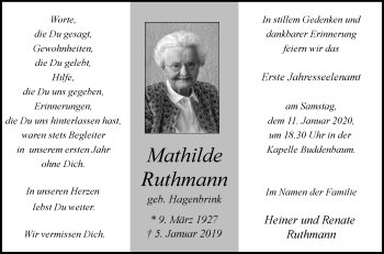 Traueranzeige von Mathilde Ruthmann von Die Glocke