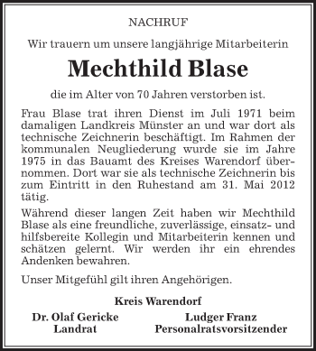Traueranzeige von Mechthild Blase von Die Glocke