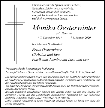 Traueranzeige von Monika Oesterwinter von Die Glocke