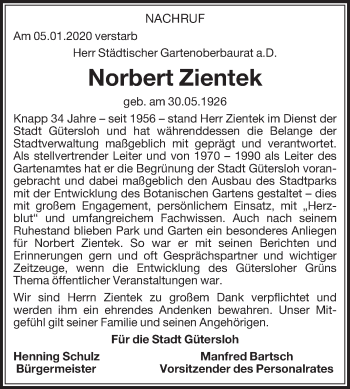 Traueranzeige von Norbert Zientek von Die Glocke