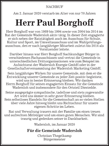 Traueranzeige von Paul Borghoff von Die Glocke