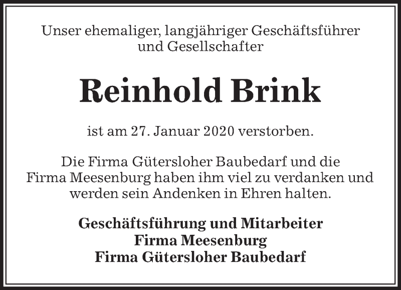  Traueranzeige für Reinhold Brink vom 30.01.2020 aus Die Glocke