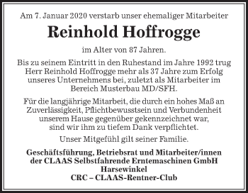 Traueranzeige von Reinhold Hoffrogge von Die Glocke
