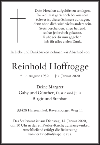 Traueranzeige von Reinhold Hoffrogge von Die Glocke