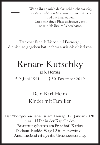 Traueranzeige von Renate Kutschky von Die Glocke