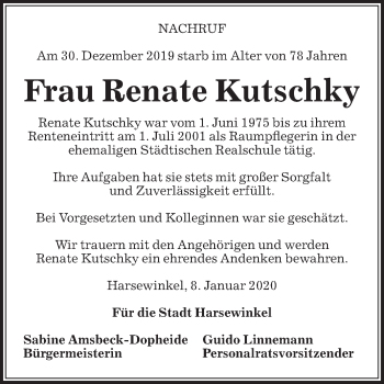 Traueranzeige von Renate Kutschky von Die Glocke