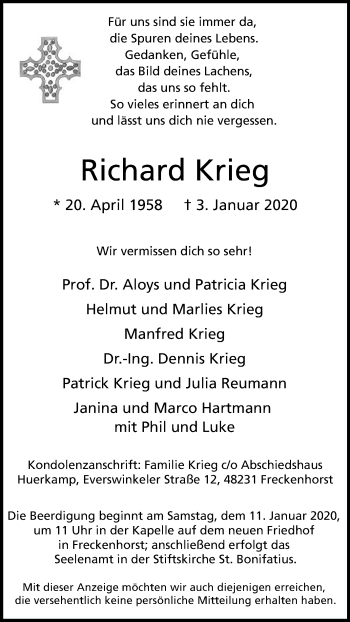 Traueranzeige von Richard Krieg von Die Glocke