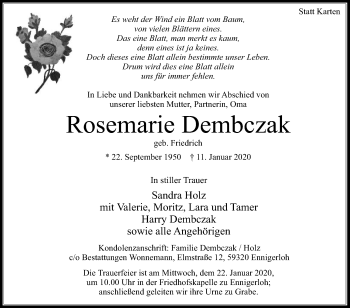 Traueranzeige von Rosemarie Dembczak von Die Glocke