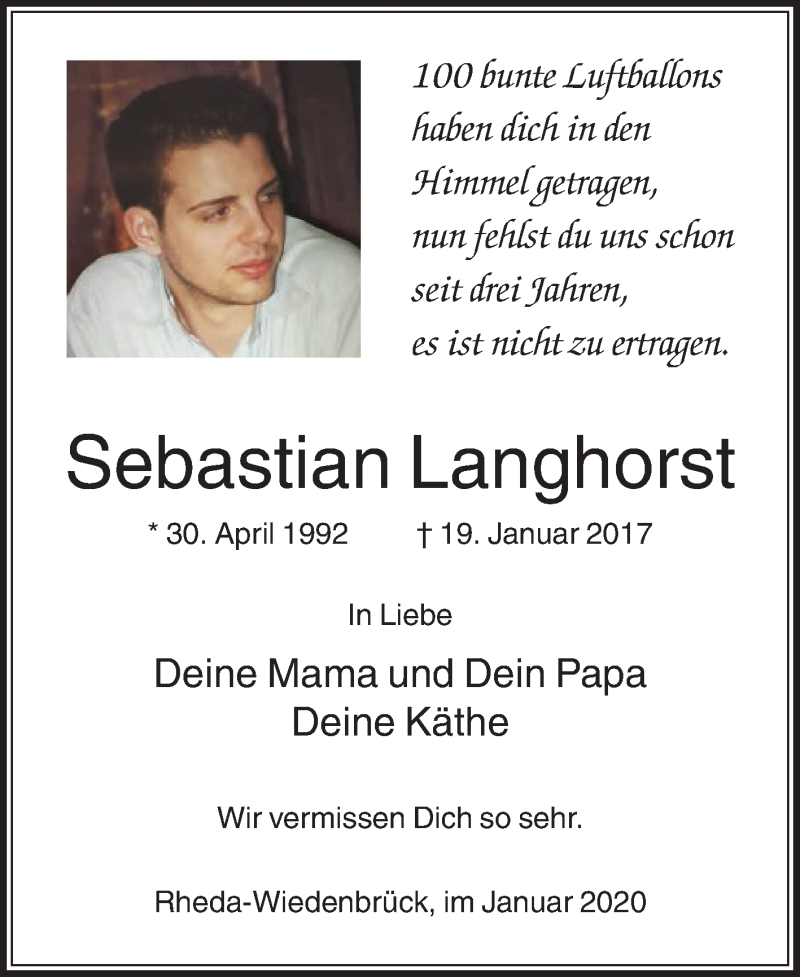  Traueranzeige für Sebastian Langhorst vom 18.01.2020 aus Die Glocke