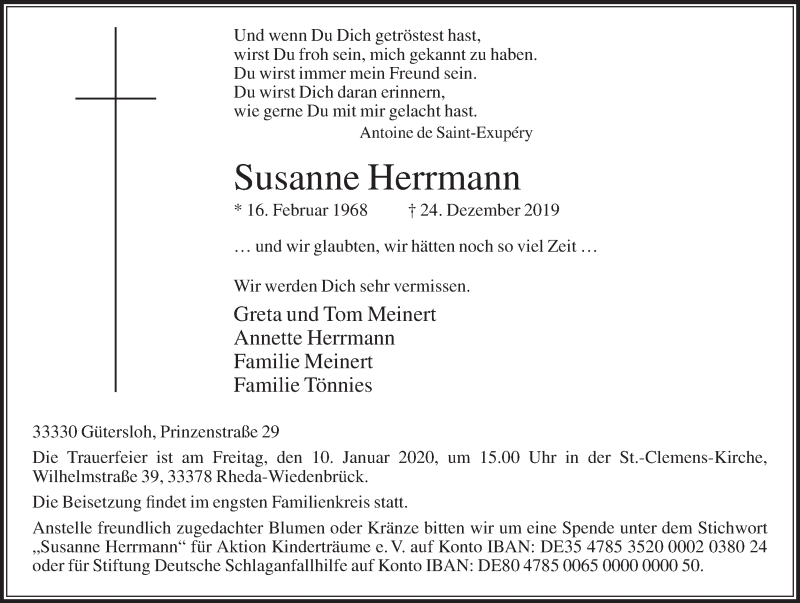  Traueranzeige für Susanne Herrmann vom 04.01.2020 aus Die Glocke