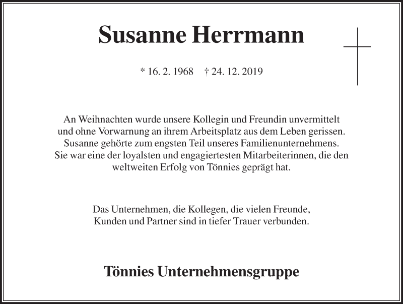  Traueranzeige für Susanne Herrmann vom 04.01.2020 aus Die Glocke