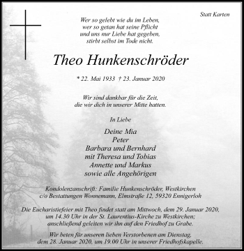 Traueranzeige von Theo Hunkenschröder von Die Glocke