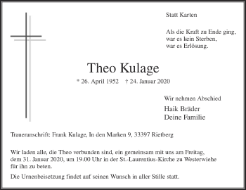 Traueranzeige von Theo Kulage von Die Glocke