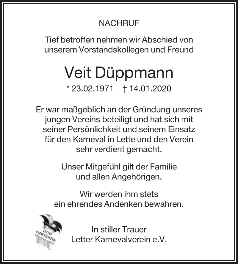  Traueranzeige für Veit Düppmann vom 21.01.2020 aus Die Glocke