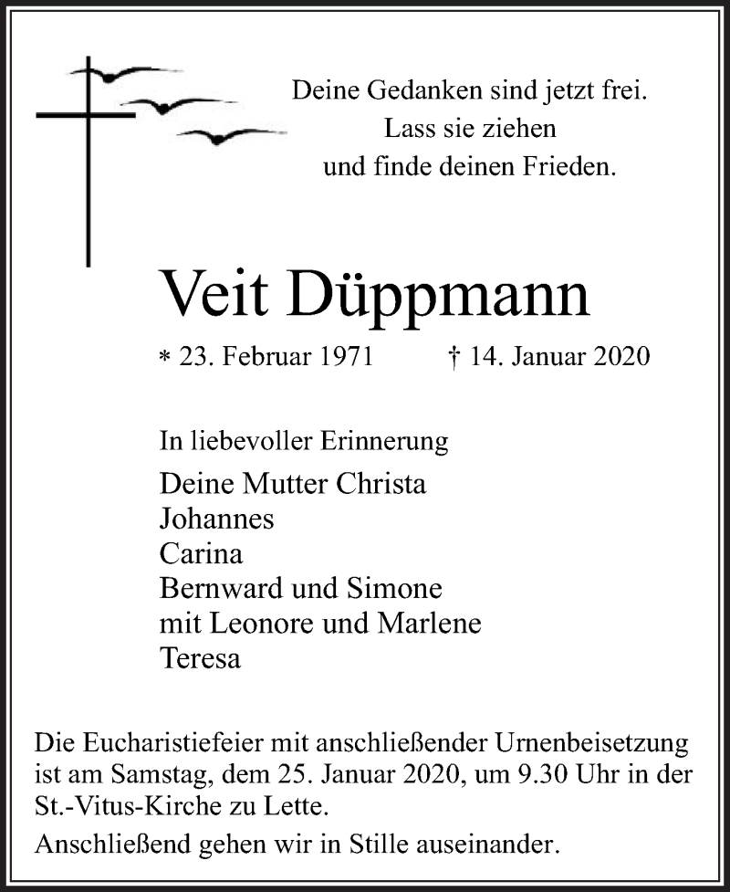  Traueranzeige für Veit Düppmann vom 21.01.2020 aus Die Glocke