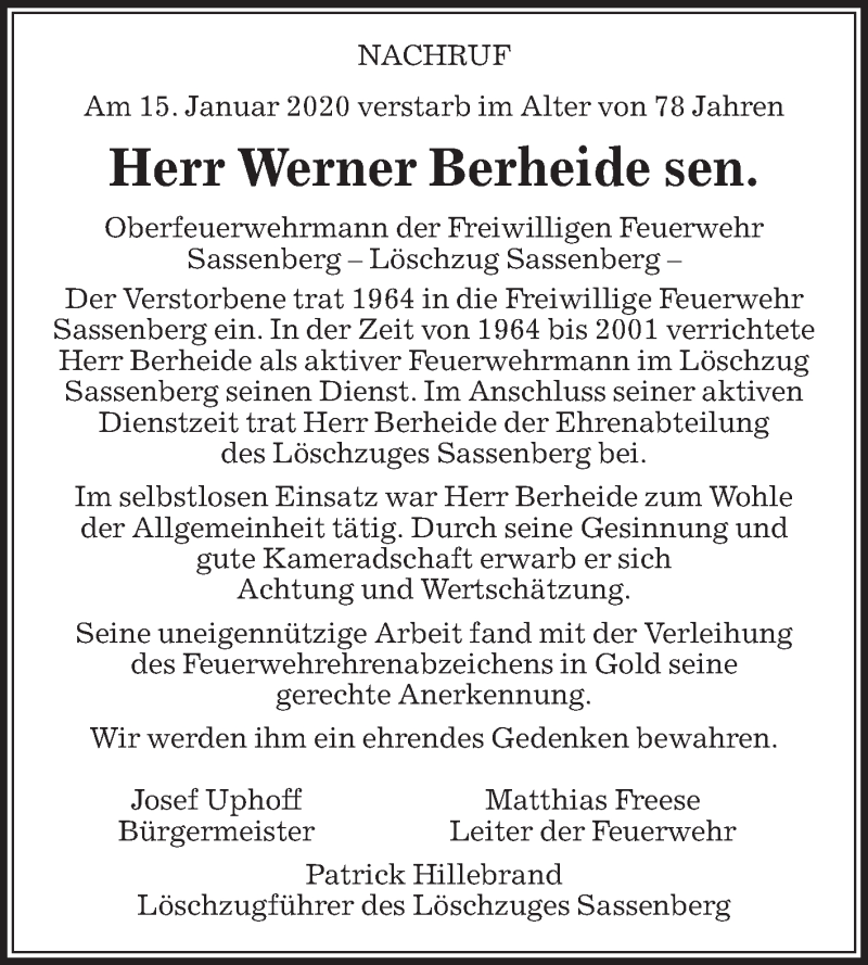  Traueranzeige für Werner Berheide vom 18.01.2020 aus Die Glocke