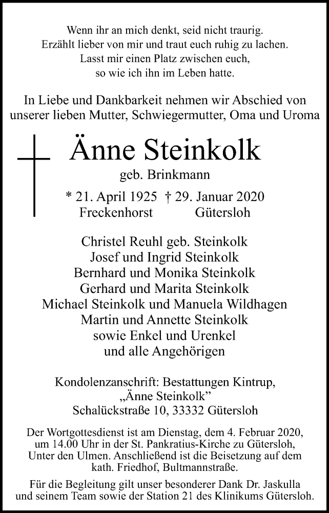  Traueranzeige für Änne Steinkolk vom 31.01.2020 aus Die Glocke