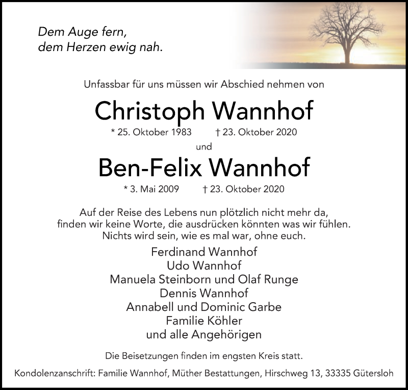  Traueranzeige für Ben-Felix Wannhof vom 28.10.2020 aus Die Glocke