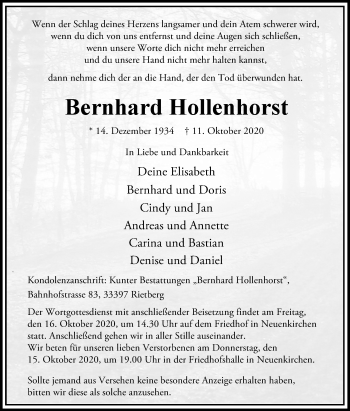 Traueranzeige von Bernhard Hollenhorst von Die Glocke