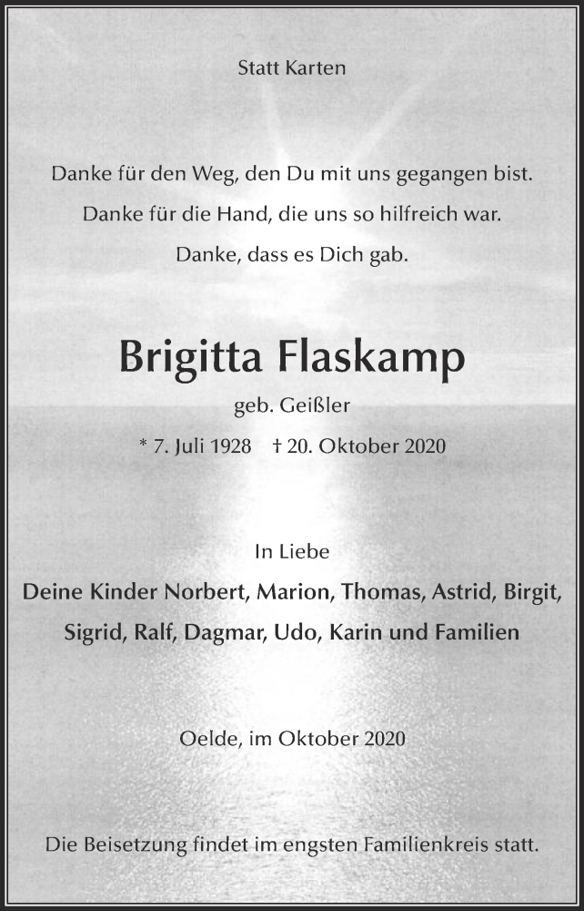  Traueranzeige für Brigitta Flaskamp vom 24.10.2020 aus Die Glocke