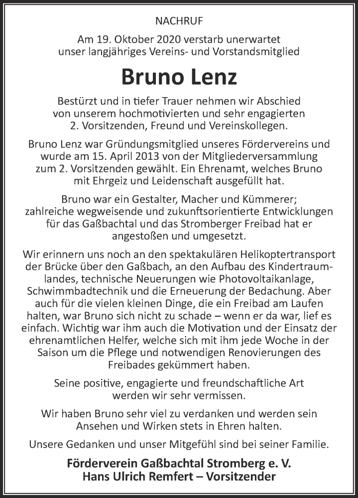  Traueranzeige für Bruno Lenz vom 24.10.2020 aus Die Glocke