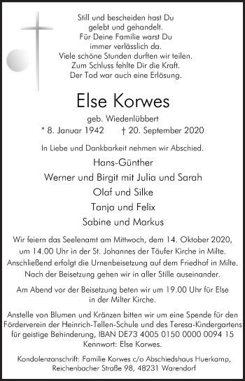 Traueranzeige von Else Korwes von Die Glocke