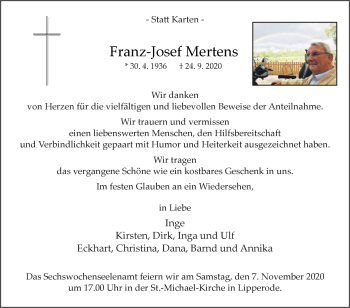 Traueranzeige von Franz-Josef Mertens von Die Glocke