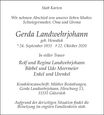 Traueranzeige von Gerda Landwehrjohann von Die Glocke