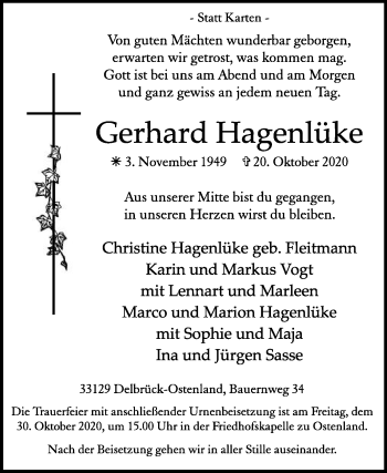 Traueranzeige von Gerhard Hagenlüke von Die Glocke