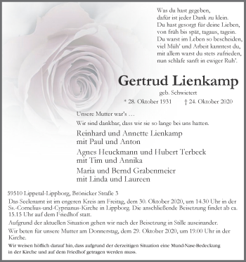 Traueranzeige von Gertrud Lienkamp von Die Glocke