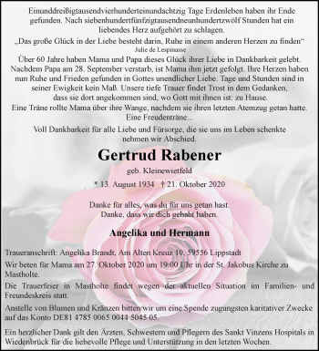 Traueranzeige von Gertrud Rabener von Die Glocke