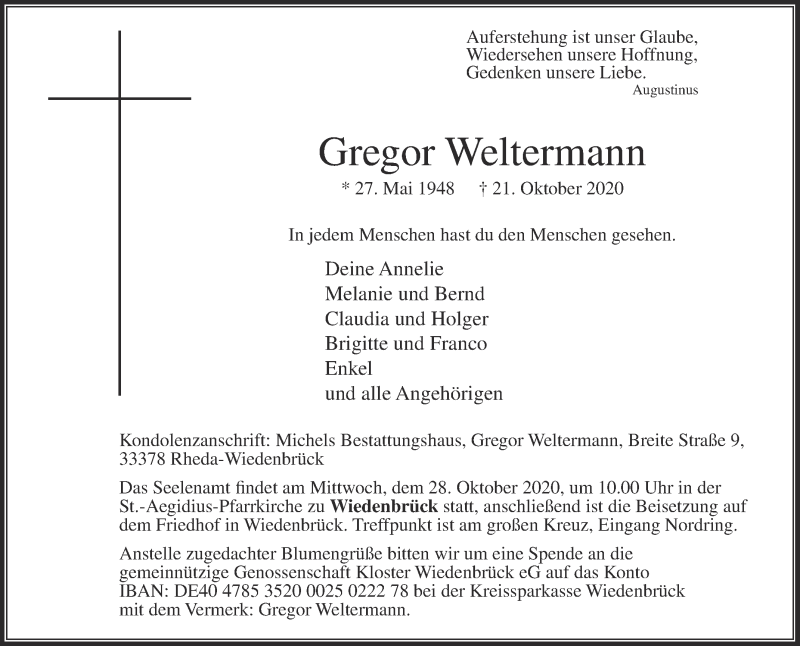  Traueranzeige für Gregor Weltermann vom 24.10.2020 aus Die Glocke