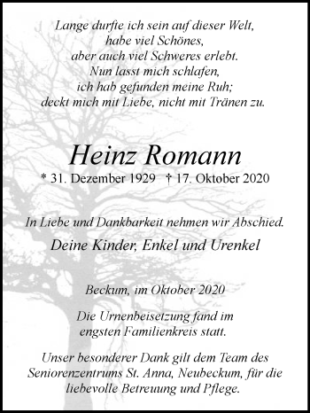 Traueranzeige von Heinz Romann von Die Glocke