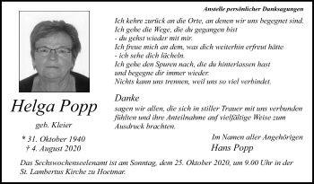Traueranzeige von Helga Popp von Die Glocke