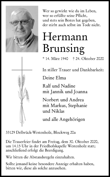 Traueranzeige von Hermann Brunsing von Die Glocke