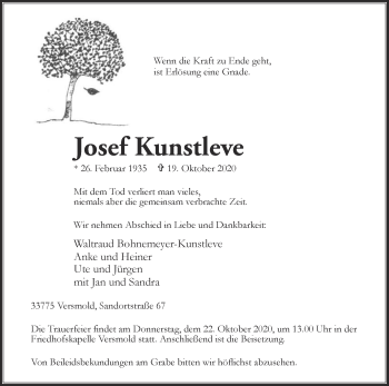 Traueranzeige von Josef Kunstleve von Die Glocke