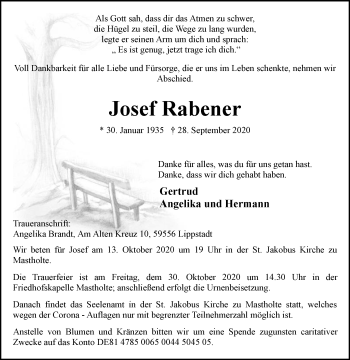 Traueranzeige von Josef Rabener von Die Glocke