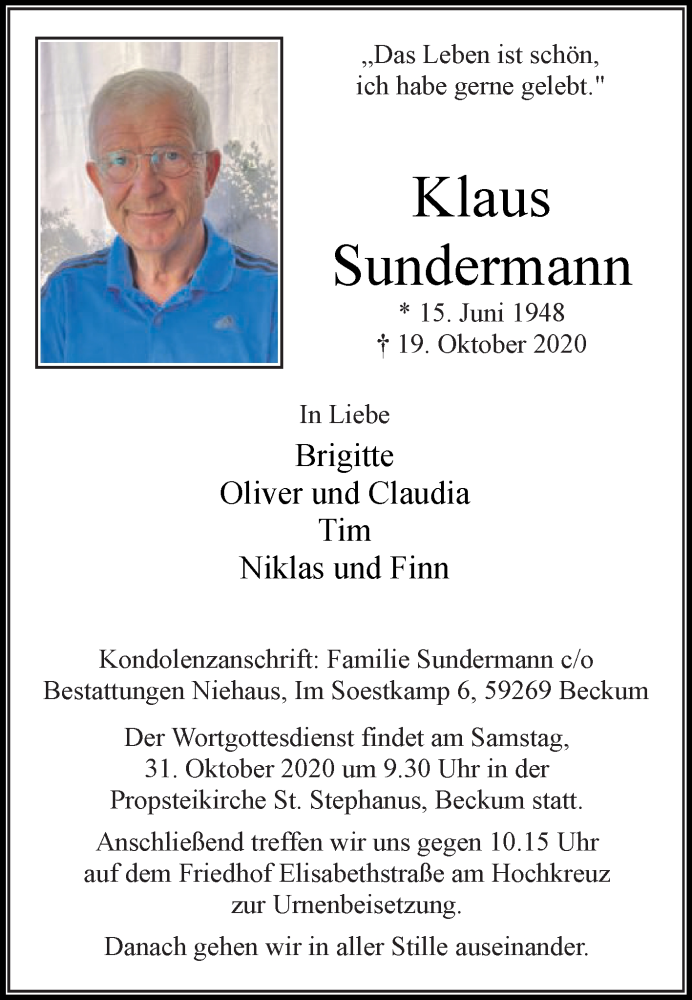  Traueranzeige für Klaus Sundermann vom 27.10.2020 aus Die Glocke