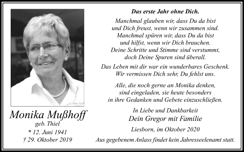  Traueranzeige für Monika Mußhoff vom 29.10.2020 aus Die Glocke